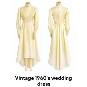 Vintage 1960s Ivory Satin Lace Wedding Dress Mock Neck Train Size Small